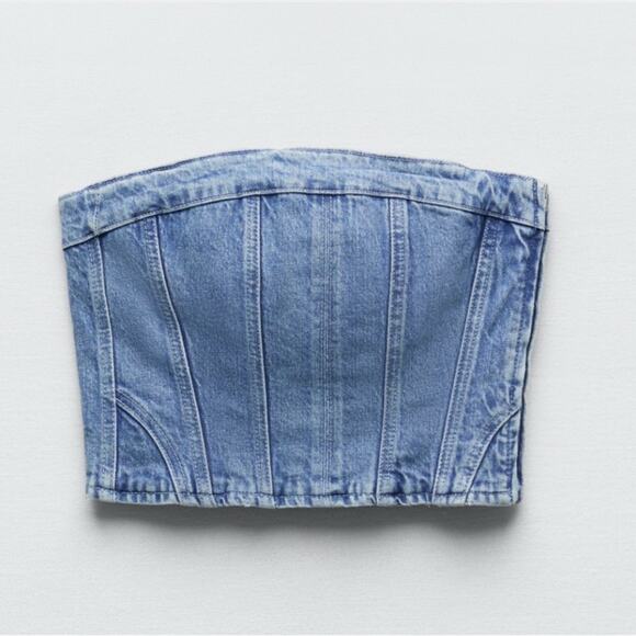 Zara Blue Denim Strapless NWOT Size Small - Picture 6 of 13